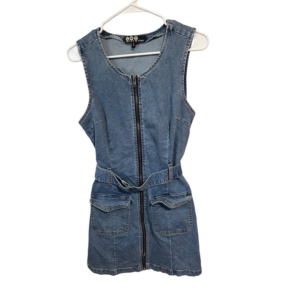 Denim Sleeveless Zip-Up Vest Dress With Belt By Rewash Peace Love Eco L